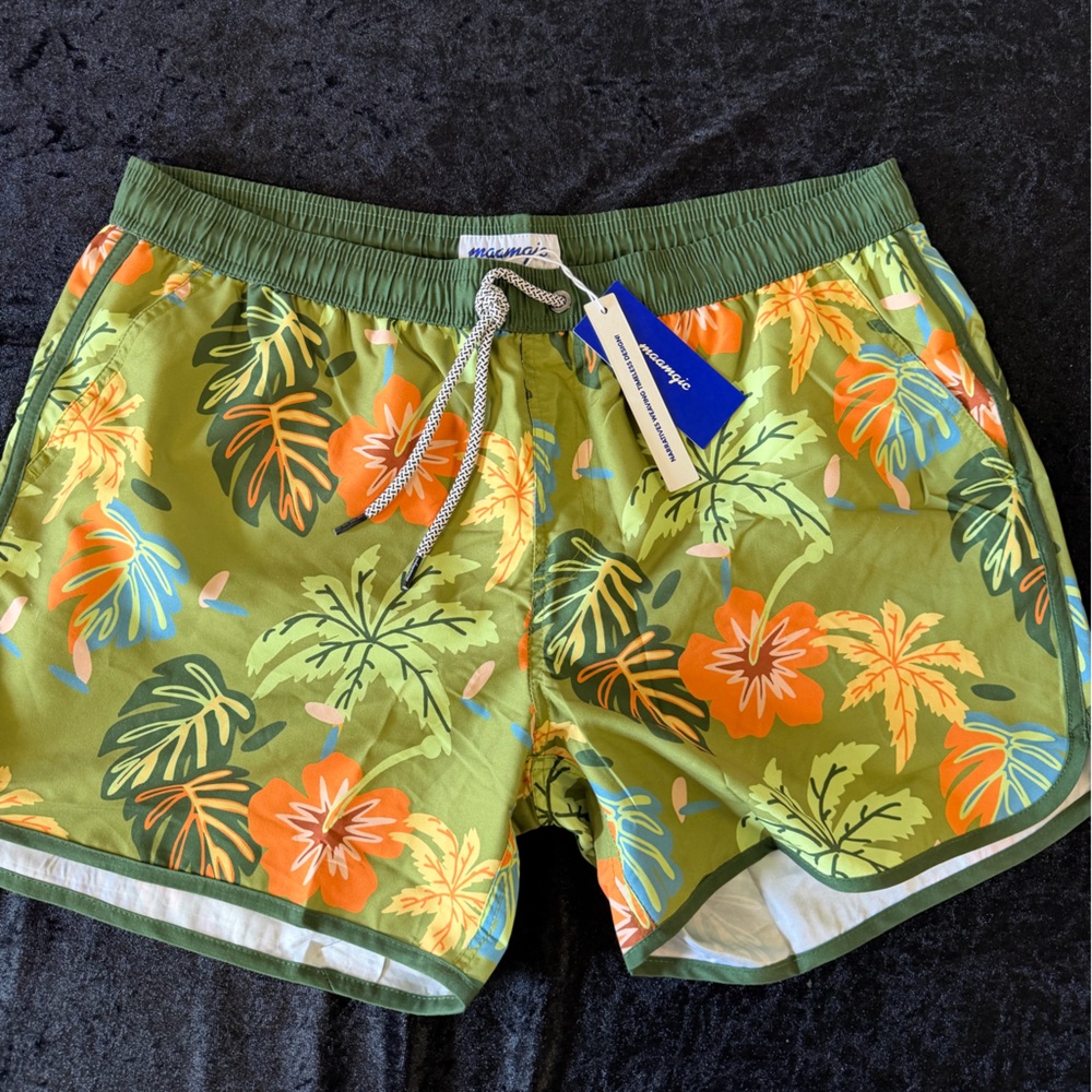 NWT Maamgic Tropical Floral Swim Trunks Green Orange Resort Shorts Size XXL
